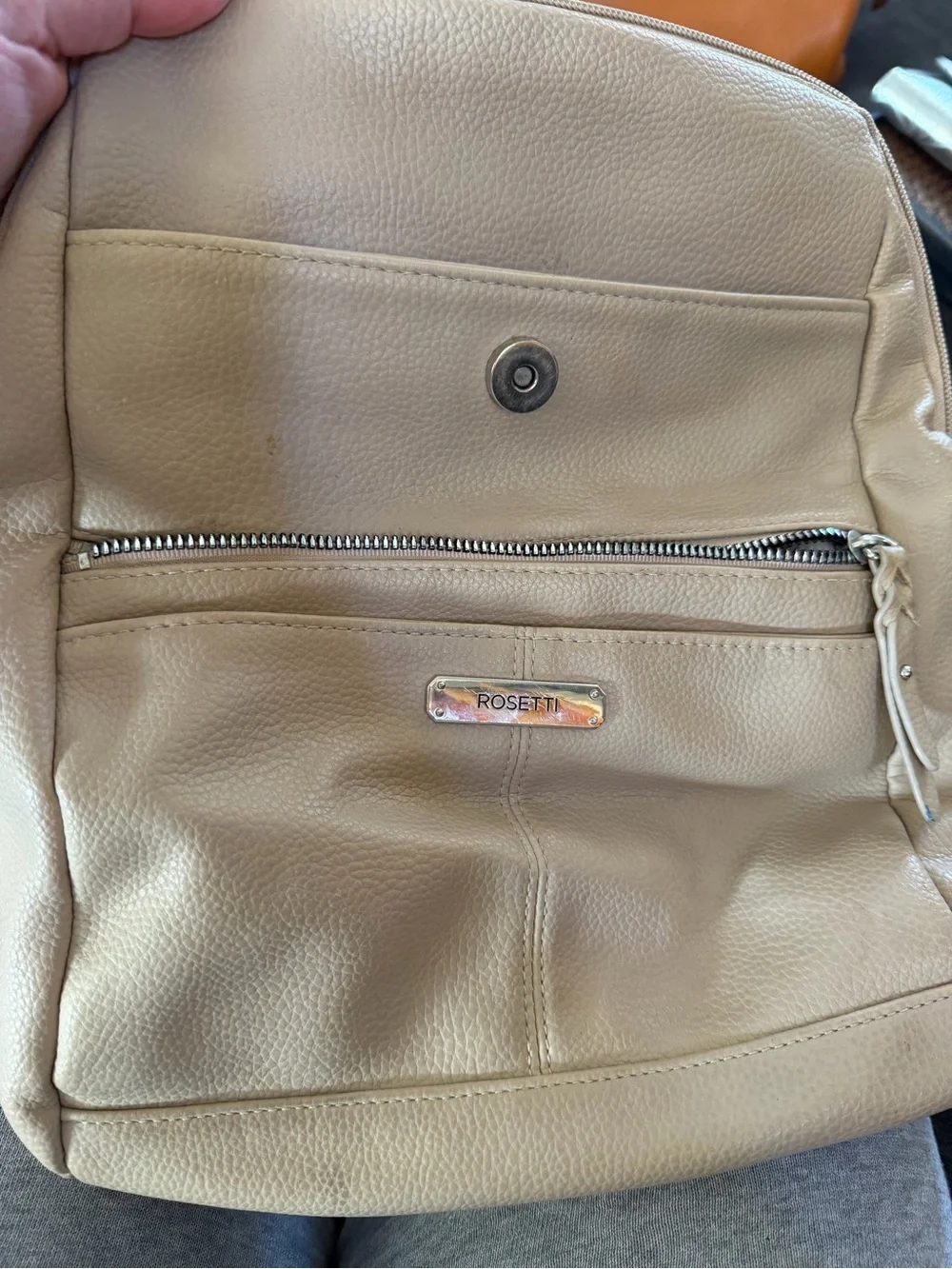 Rosetti Light Beige Pebbled Leather Backpack with Front Zip Pocket